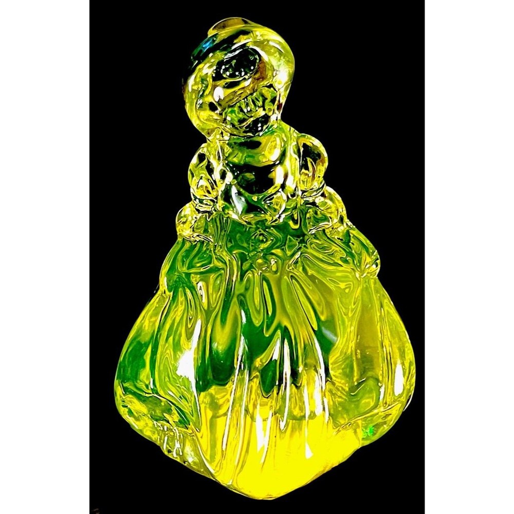 Mosser Vaseline Uranium Glass Large Minuet Girl Figurine UV Glow Yellow Green